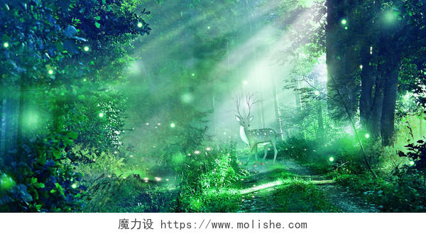 绿色文艺梦幻森林树林丛林树木阳光光束森林展板背景